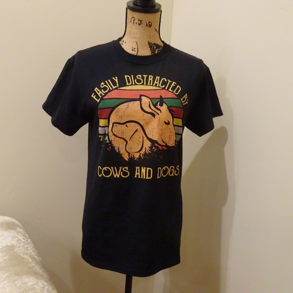 Easily Distracted by Cows and Dogs Animal Lover Unisex Short Sleeve Cotton Tee - Picture 3 of 5